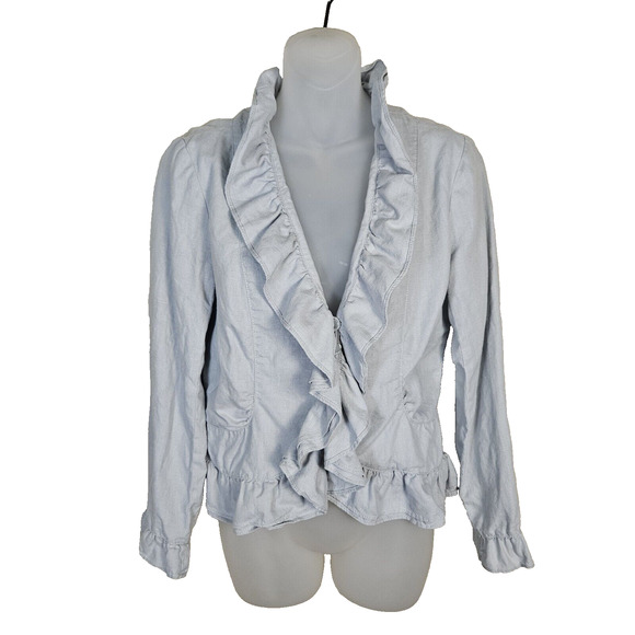 FEI Anthropologie Linen Jacket Blazer Size 8 Ruffle Lightweight Designer Coastal - Picture 1 of 15